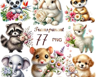 Cute Animal Clipart Bundle | 77 PNG with Flowers | Baby Animals Clipart | Floral Animal PNG | Digital Download | Commercial Use