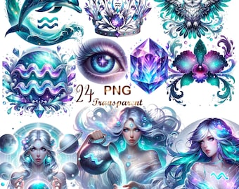 24 PNG Aquarius Sign Clipart – Magical Zodiac PNGs, Celestial Printable Art, Astrology Illustrations, Digital Download, Commercial Use