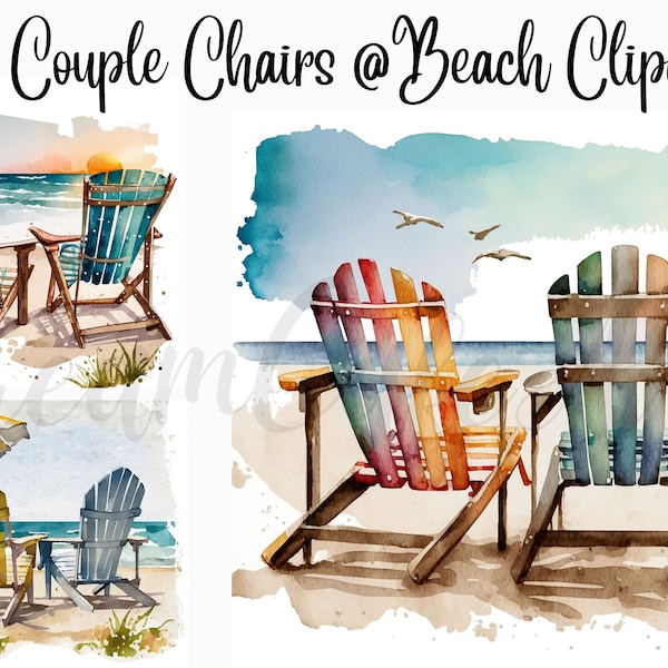 10 Beach Chairs Clipart, JPGs, Digital Download, Commercial Use, Mixed Media, Digital Paper Craft, Watercolor clipart,Couple chairs at Beach