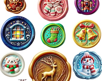 75 PNG Digital Christmas Wax Seal Clipart Bundle | Instant Download Holiday Stamps | Transparent Background | For Cards, Stickers & Crafts