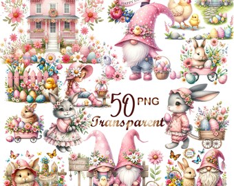 50 PNG, Easter Village clipart bundle, Easter Gnome Clipart, Pink Easter clipart, Easter bunny clipart, easter village, Easter scene clipart