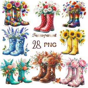 Pode incluir: Uma coleção de botas de chuva coloridas cheias de flores. As botas incluem patchwork, bolinhas, borboletas, girassóis e padrões florais. A imagem também inclui o texto "Transparent 28 PNG".