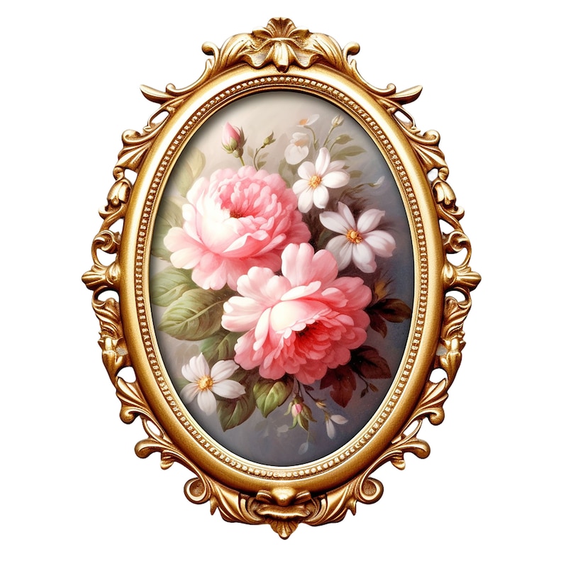 May include: A gold oval frame with ornate details surrounds a painting of pink and white flowers. The flowers are painted in a realistic style and appear to be roses and daisies.