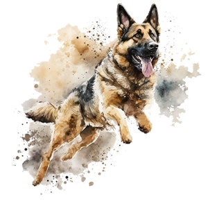 May include: Watercolor painting of a German Shepherd dog jumping in the air with its tongue out. The dog is brown and black with a white chest. The background is a watercolor wash of brown and white.