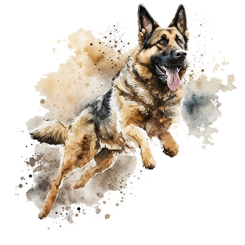 May include: Watercolor painting of a German Shepherd dog jumping in the air with its tongue out. The dog is brown and black with a white chest. The background is a watercolor wash of brown and white.