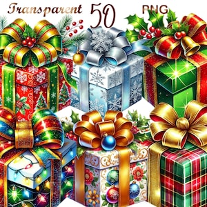 50 PNG Christmas Presents Clipart bundle, set 1, Festive Gift Illustrations designs,Instant Digital Download,Unlimited Commercial Use Crafts