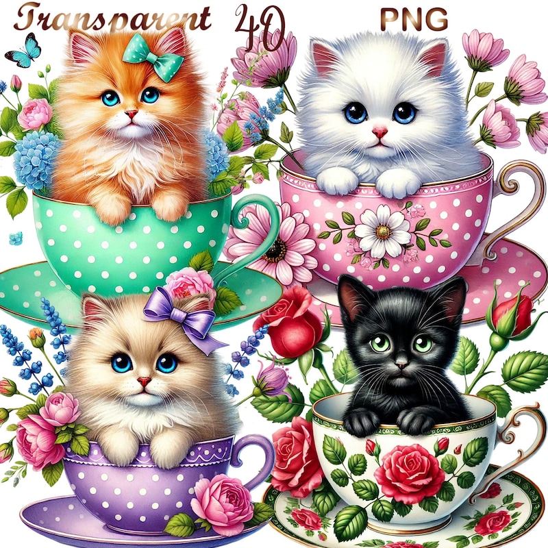 Teacup Cats Clip Art - Etsy UK