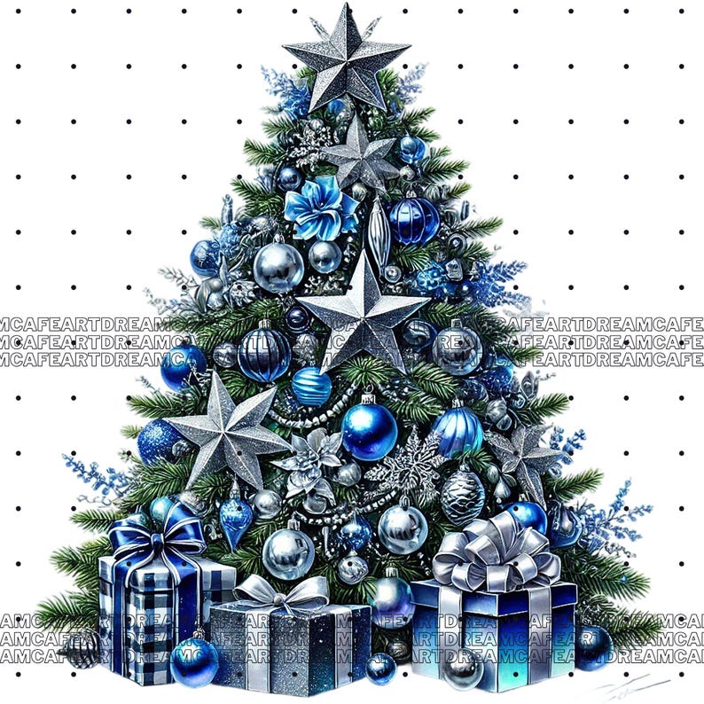 May include: A blue and silver Christmas tree decorated with ornaments, stars, and presents. The tree is on a white background with black polka dots.