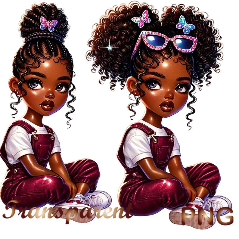 Beautiful Black girl clipart bundle, 50 PNGs chibi girl graphics, afro girl clipart, denim girl clipart, Digital Download, Commercial Use image 4