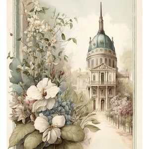 May include: A vintage illustration of a white building with a dome roof and a path leading to it. The building is surrounded by trees and flowers, including white blossoms and blue hydrangeas.