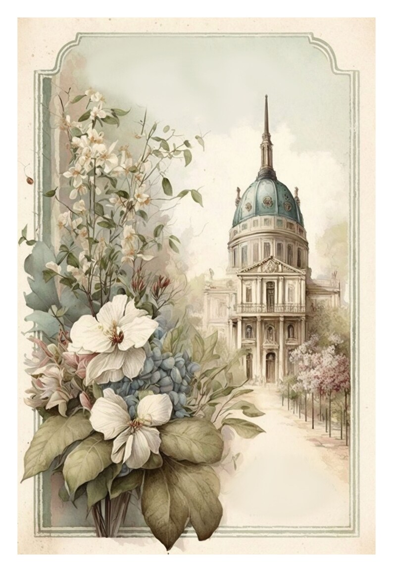May include: A vintage illustration of a white building with a dome roof and a path leading to it. The building is surrounded by trees and flowers, including white blossoms and blue hydrangeas.