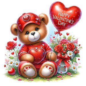 Op de afbeelding: Een bruine teddybeer met een rode muts en een rode trui die een rood hart vasthoudt. De beer zit in een bloemenveld met een rode hartvormige ballon waarop "Happy Valentine's Day" staat.