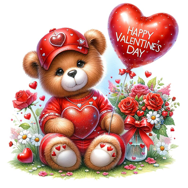 Op de afbeelding: Een bruine teddybeer met een rode muts en een rode trui die een rood hart vasthoudt. De beer zit in een bloemenveld met een rode hartvormige ballon waarop "Happy Valentine's Day" staat.