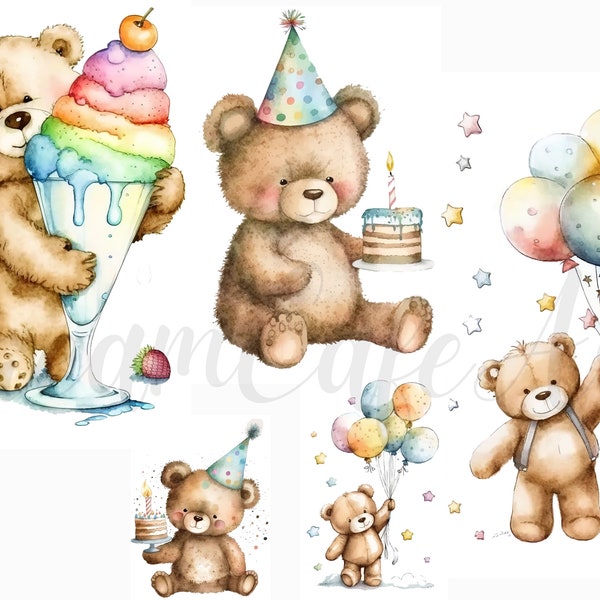 6 Teddy Bear Clipart, JPGs, Set 8, Commercial Use, Digital Download, Card Making, Mixed Media, Digital Paper Craft, Watercolor clipart