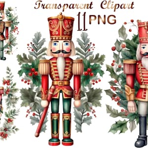 May include: Three watercolour illustrations of nutcracker soldiers with holly and berries. The nutcrackers are wearing red and gold uniforms with white accents. The illustrations are on a white background.