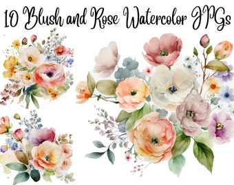 Blush and Rose Watercolor Clipart, Floral Clipart, 10 JPGs, Commercial use, Digital Download,Watercolor Clipart,Card Making,Clip art