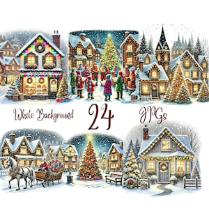24 JPG, Christmas Villages Clipart, Winter Illustrations, Holiday design, Instant Digital Download, Unlimited Commercial Use for Crafts