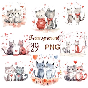 29 images clipart de la Saint-Valentin au format PNG, chats de la Saint-Valentin, utilisation commerciale, téléchargement numérique, création de cartes, techniques mixtes, créations en papier numérique