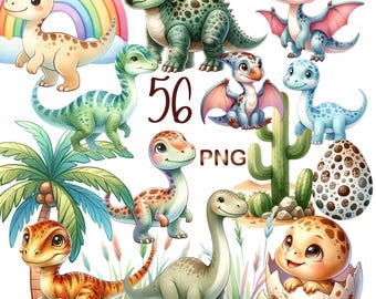 56 PNG Watercolor Cartoon Dinosaur Clipart, Baby Dinosaur Clipart, Dino Birthday Party Decor, Cute Dinosaurs, Instant Download