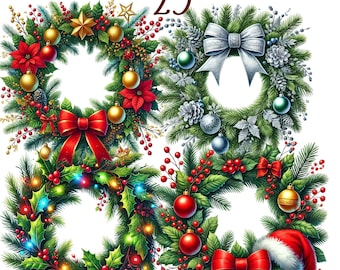 25 PNG Christmas Wreaths Clipart bundle, set 2, Festive Wreath Illustrations designs, Digital Download, Unlimited Commercial Use for Crafts