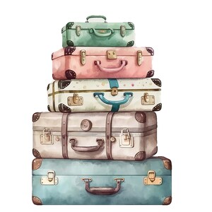 May include: A stack of five vintage suitcases in various colors, including teal, pink, white, and brown. The suitcases are arranged from smallest to largest, with the smallest suitcase on top and the largest suitcase on the bottom.