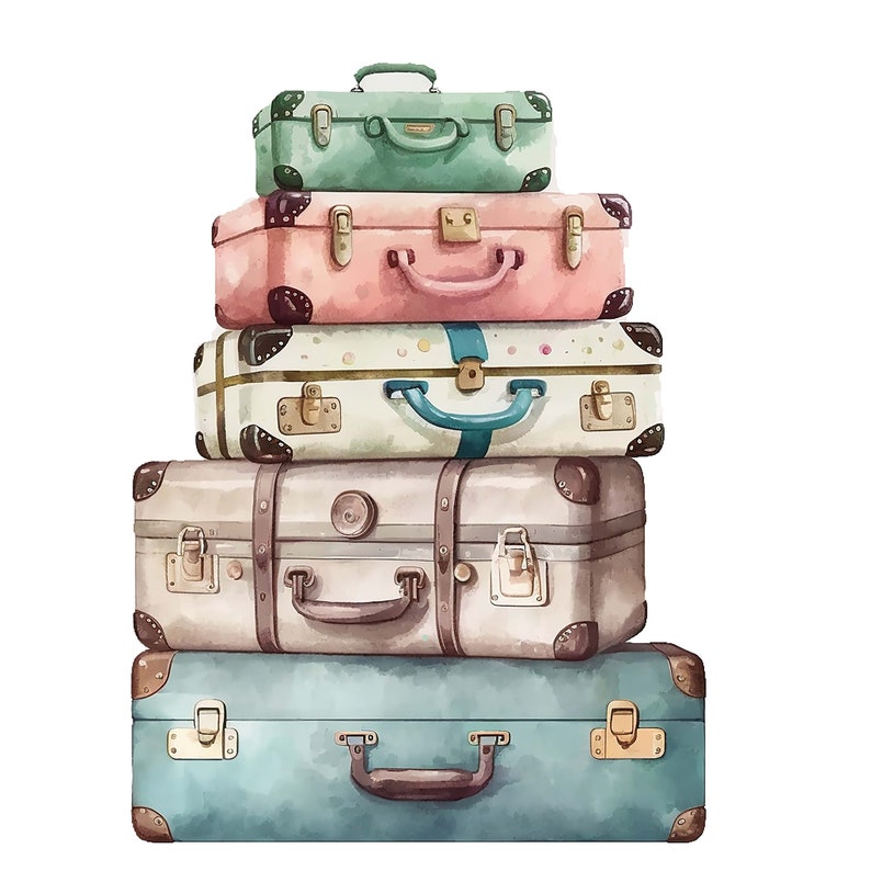 May include: A stack of five vintage suitcases in various colors, including teal, pink, white, and brown. The suitcases are arranged from smallest to largest, with the smallest suitcase on top and the largest suitcase on the bottom.
