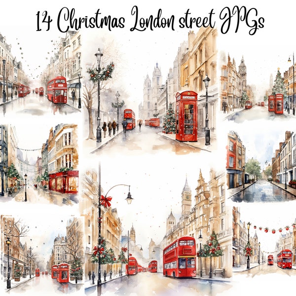 14 Watercolor Christmas London street clipart, JPG, Digital Planner, Journaling, Watercolor, Wall Art, Commercial Use,Digital Download