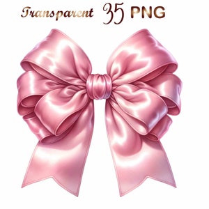 May include: A large, pink satin bow with a center loop. The bow is tied in a classic style with two long tails.