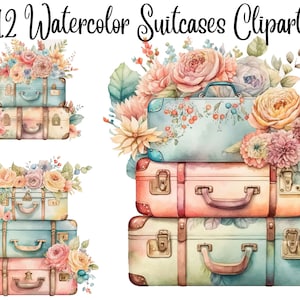 12 Vacation Clipart, Suitcases Clipart, Flower Suitcases, JPGs, Digital Planner, Paper crafts, Scrapbooking,Instant download, summer clipart