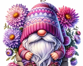 15 Birth month flower Clipart, Birth month flower gnome, Aster Gnome, cute gnome png, cute gnome clipart,gnome png
