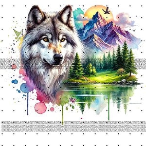 May include: A watercolor painting of a wolf's head with a mountain landscape and a lake in the background. The wolf has a gray and white coat with yellow eyes. The mountain landscape is painted in shades of blue, purple, and green. The lake is a bright blue with a reflection of the mountains.