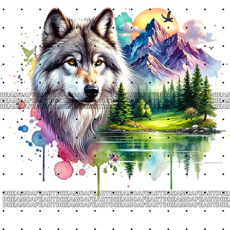 May include: A watercolor painting of a wolf's head with a mountain landscape and a lake in the background. The wolf has a gray and white coat with yellow eyes. The mountain landscape is painted in shades of blue, purple, and green. The lake is a bright blue with a reflection of the mountains.