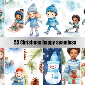 55 confezioni di carta digitale senza soluzione di continuità Happy Christmas, motivo senza soluzione di continuità per le vacanze invernali, Natale per bambini, sfondo con texture antica, carte per album