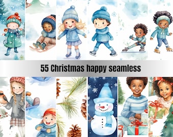 55 Seamless Happy Christmas Digital Paper Pack, Winter Holiday Seamless Pattern, Сhildren Christmas,Old Texture Background, Scrapbook Papers