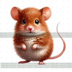 Puede incluir: Ilustraci&oacute;n digital de un rat&oacute;n lindo y esponjoso con pelaje marr&oacute;n, ojos negros grandes y orejas, nariz y patas rosas. El rat&oacute;n tiene una cola larga y rosa sobre un fondo blanco. La imagen tiene el texto "DREAMCAFEART" repetido en la parte inferior.