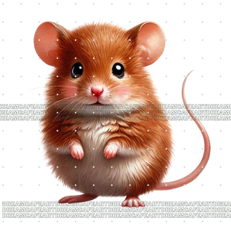 Puede incluir: Ilustraci&oacute;n digital de un rat&oacute;n lindo y esponjoso con pelaje marr&oacute;n, ojos negros grandes y orejas, nariz y patas rosas. El rat&oacute;n tiene una cola larga y rosa sobre un fondo blanco. La imagen tiene el texto "DREAMCAFEART" repetido en la parte inferior.