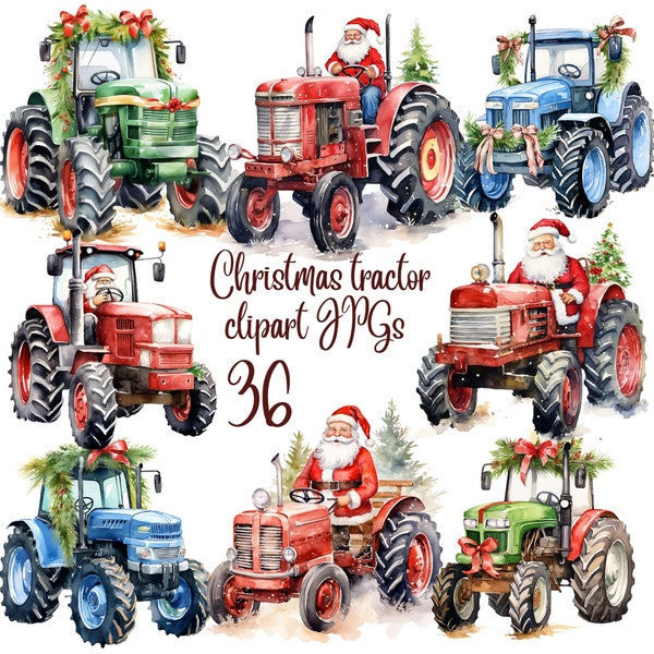 36 Christmas tractor clipart, JPGs, High Quality JPGs, Digital Download - Card Making, Mixed Media, Digital Paper Craft, Christmas clipart