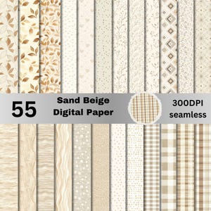 May include: A collection of 55 sand beige digital paper designs. The patterns include leaves, hearts, dots, and geometric shapes. The image also includes a seamless plaid pattern and the text "300DPI seamless".