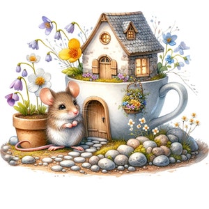 18 PNG, Watercolor Mouse House clipart bundle, cute house clipart, little mice, cottagecore, garden clipart,Commercial use, Digital Download