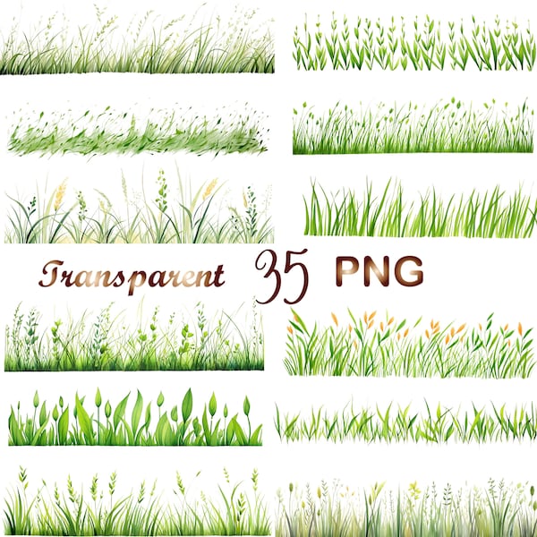 35 PNG Borders Grass Aquarelle Clipart, Touffes de printemps d’herbe botanique format PNG téléchargement instantané pour un usage commercial, téléchargement numérique