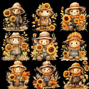 May include: A collection of nine charming scarecrow illustrations. Each scarecrow is adorned with a straw hat and overalls, surrounded by sunflowers and autumn foliage. The color palette includes warm yellows, oranges, and browns against a black background.