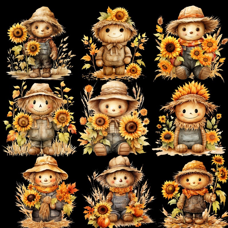 May include: A collection of nine charming scarecrow illustrations. Each scarecrow is adorned with a straw hat and overalls, surrounded by sunflowers and autumn foliage. The color palette includes warm yellows, oranges, and browns against a black background.
