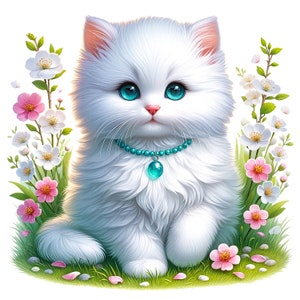 Puede incluir: Un gatito blanco y esponjoso con ojos azules que lleva un collar de cuentas turquesa con un colgante est&aacute; sentado en un campo de flores rosas y blancas.