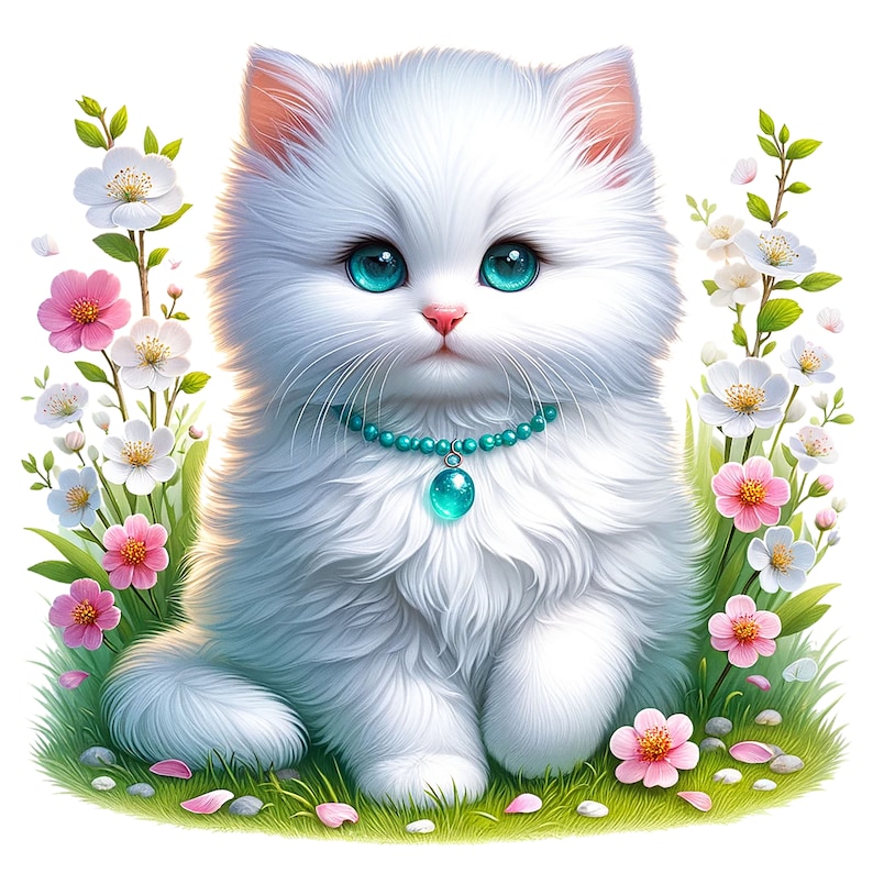 Puede incluir: Un gatito blanco y esponjoso con ojos azules que lleva un collar de cuentas turquesa con un colgante est&aacute; sentado en un campo de flores rosas y blancas.