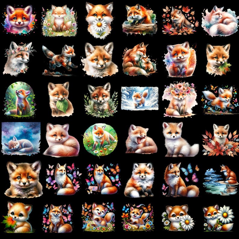 Puede incluir: Una colecci&oacute;n de 36 ilustraciones digitales con adorables zorros de dibujos animados en varias poses y escenarios. Los zorros se representan en una variedad de colores, incluyendo naranja, blanco y marr&oacute;n. Algunos de los zorros llevan flores, mariposas u otros elementos decorativos. Las ilustraciones son perfectas para usar en scrapbooking digital, creaci&oacute;n de tarjetas u otros proyectos creativos.