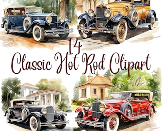 14 Classic Hot Rod Clipart,JPGs, Watercolor Clipart,Crafting, Digital Planners, Junk Journals,Memory Books, Commercial Use, Digital Download