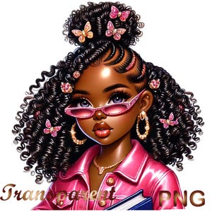 May include: A digital illustration of a young Black girl with curly brown hair, wearing pink sunglasses, a pink jacket, and gold earrings. She has pink butterfly hair clips in her hair and is holding a blue book.