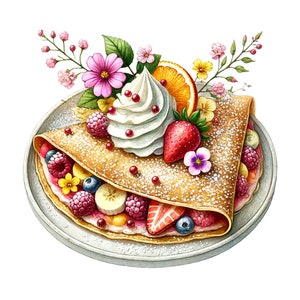 K&ouml;nnte beinhalten: Ein goldbrauner Cr&ecirc;pe, belegt mit Schlagsahne, frischem Obst und einer Prise Puderzucker. Der Cr&ecirc;pe ist mit Erdbeeren, Himbeeren, Blaubeeren, Bananen und Orangenscheiben verziert. Der Cr&ecirc;pe ist von einer Vielzahl von rosa und gelben Blumen umgeben.
