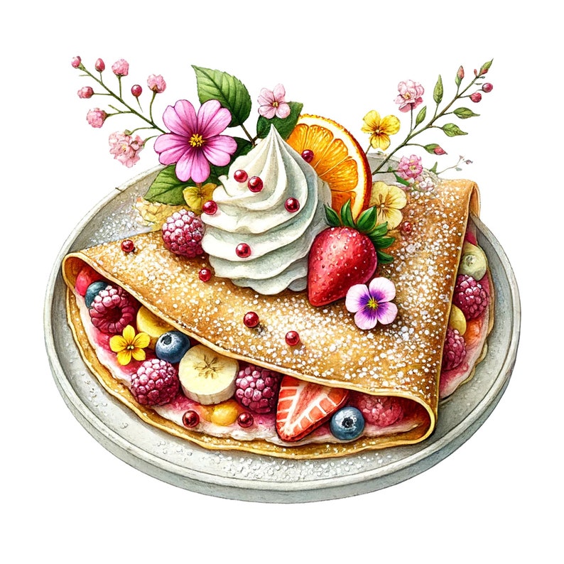 K&ouml;nnte beinhalten: Ein goldbrauner Cr&ecirc;pe, belegt mit Schlagsahne, frischem Obst und einer Prise Puderzucker. Der Cr&ecirc;pe ist mit Erdbeeren, Himbeeren, Blaubeeren, Bananen und Orangenscheiben verziert. Der Cr&ecirc;pe ist von einer Vielzahl von rosa und gelben Blumen umgeben.