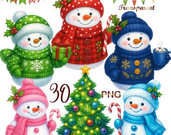 30 PNG Cute Snowman Clipart Bundle-Snowman PNG Collection | Christmas Clipart | Watercolor Illustrations | Instant Download | Commercial Use